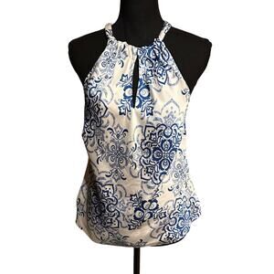 CHAPS Blue and White Tie Back Halter Silky Tank Top Women's M Medium